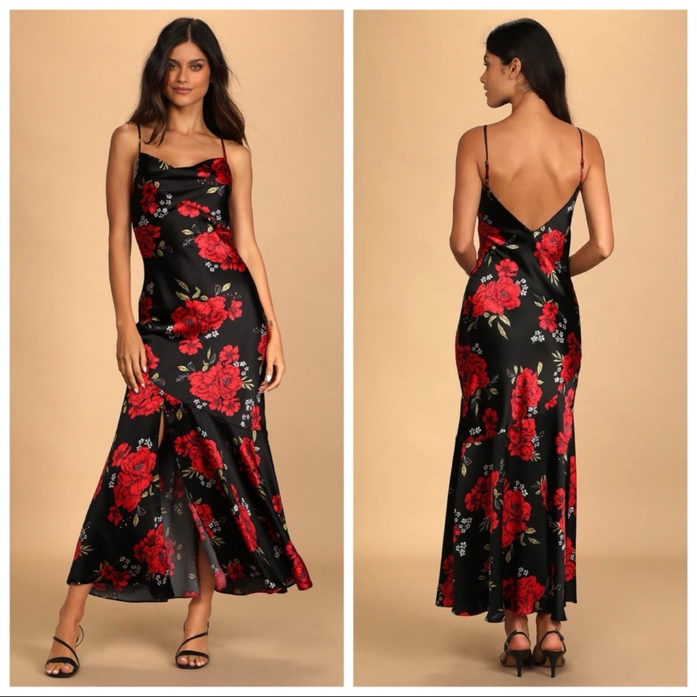 Lulus Extra Sultry Black Floral Print Satin Cowl Neck Maxi Dress Xsmall